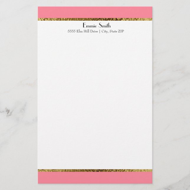 Pink Gold und White Personalisiert Stationery Briefpapier (Vorderseite)