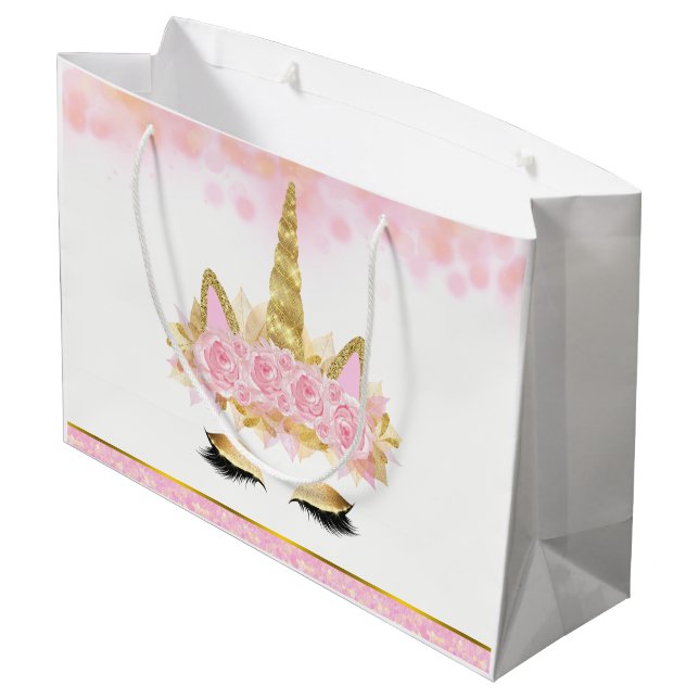 Pink Gold Unicorn Kinderdusche Große Geschenktüte (Rückseite Schrägansicht)