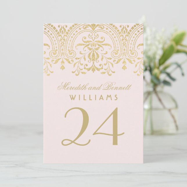 Pink Gold Vintage Glamour Hochzeit Tischnummer (Stehend Vorderseite)