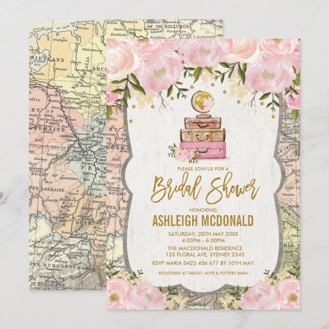 Pink Gold Vintage Reisekarte Brautparty Einladung (Vorne/Hinten)