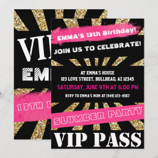 Pink & Gold VIP PASS Girls Sleepover Teenager Girl Einladung