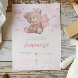 Pink Gold Wasserfarbe Niedlich Teddy Bear Christen Einladung