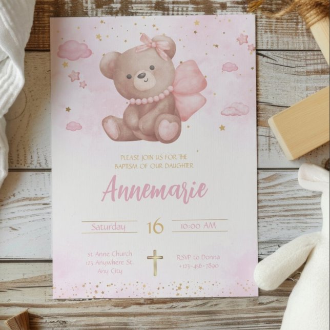 Pink Gold Wasserfarbe Niedlich Teddy Bear Christen Einladung (Von Creator hochgeladen)