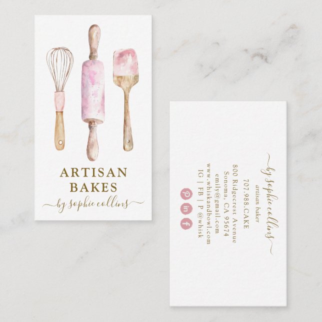 Pink Gold Watercolor Baker Pastry Chef Visitenkarte (Vorne/Hinten)