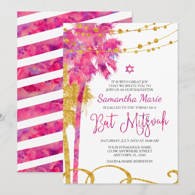 Pink Gold Watercolor Beach Bat mitzvah Invitations (Devant / Derrière)