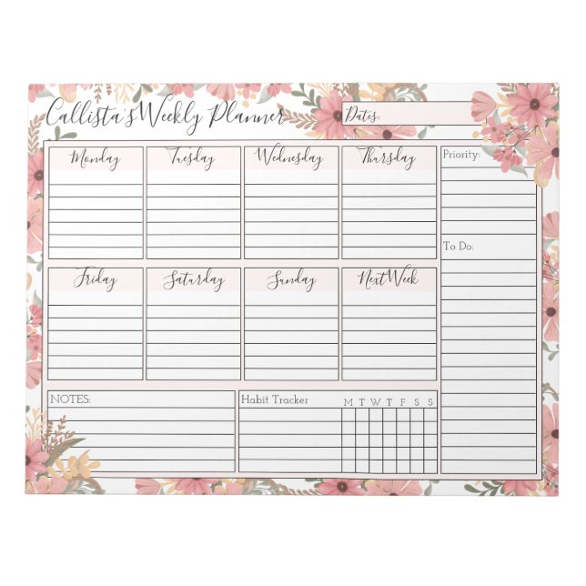Pink Gold Watercolor Floral Weekly Custom Planer Notizblock (Vorderseite)