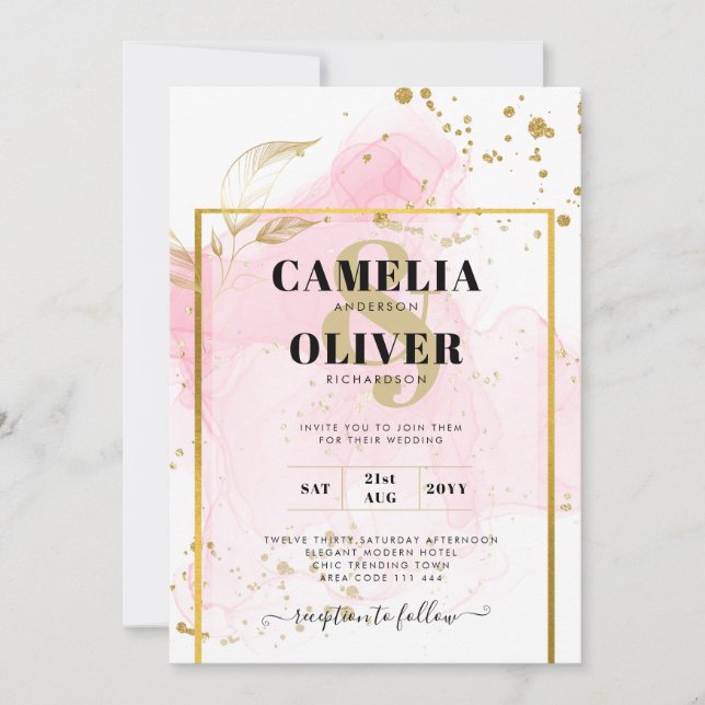 PINK GOLD WEDD Alkohol Tinte Abstrakt Einladung (Vorderseite)