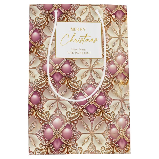 Pink Gold Weihnachten Merry Pattern#4 ID1009 Mittlere Geschenktüte (Vorderseite)