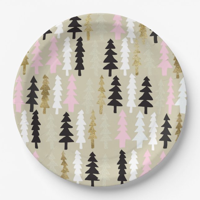 Pink & Gold Weihnachtsbaum Patten Papier Teller (Vorderseite)