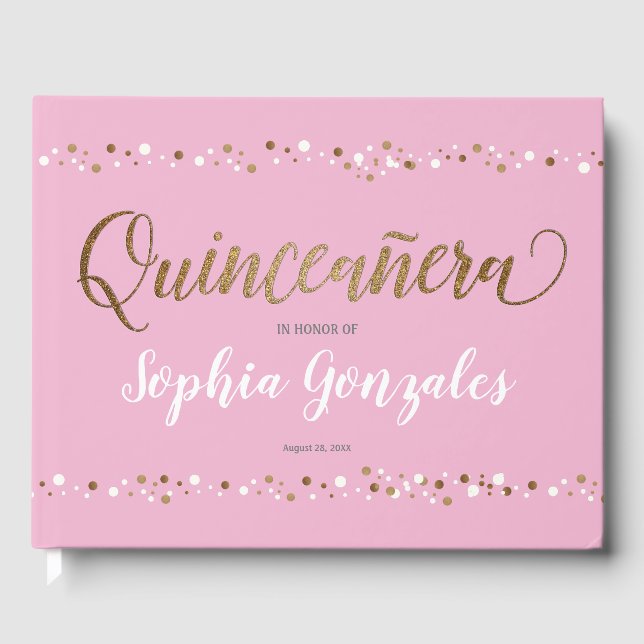 Pink Gold White Confetti Quinceanera 15. Geburtsta Gästebuch (Vorderseite)