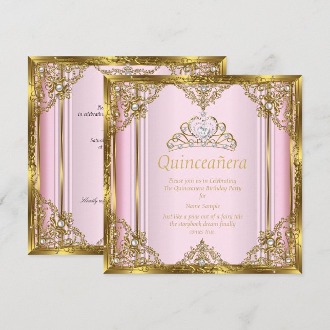 Pink Gold White Pearcess Princess Quinceanera 3 Einladung (Vorne/Hinten)