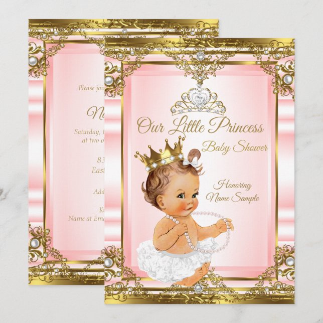 Pink Gold White Pearl Princess Baby Dusche Light Einladung (Vorne/Hinten)