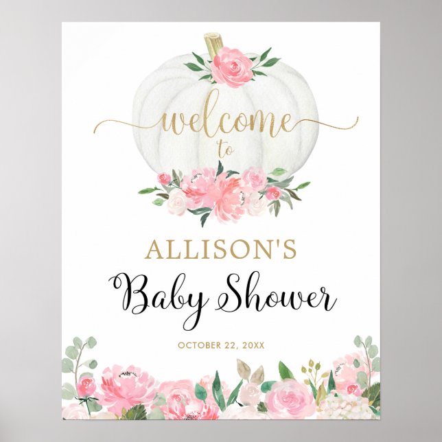 Pink gold white pumpkin baby shower welcome sign poster (Vorne)