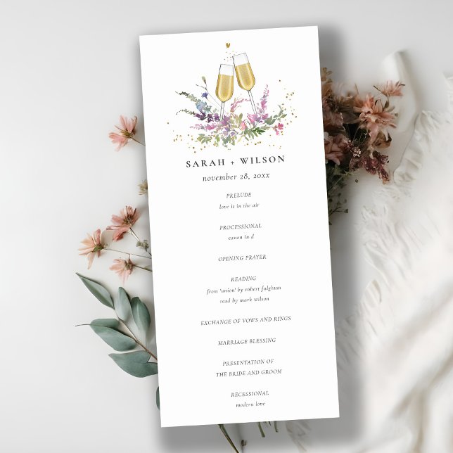 Pink Gold Wine Glasses Floral Wedding Program Dankeskarte (Von Creator hochgeladen)