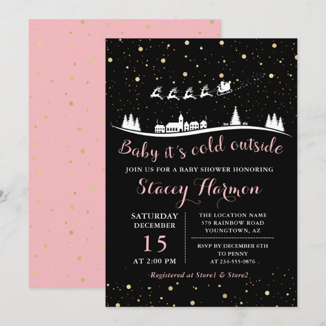 Pink Gold Winter Baby mit kalter Außendusche Einladung (Vorne/Hinten)