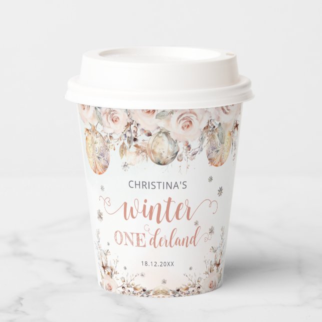 Pink Gold Winter Onederland Girl Birthday Pappbecher (Vorderseite)