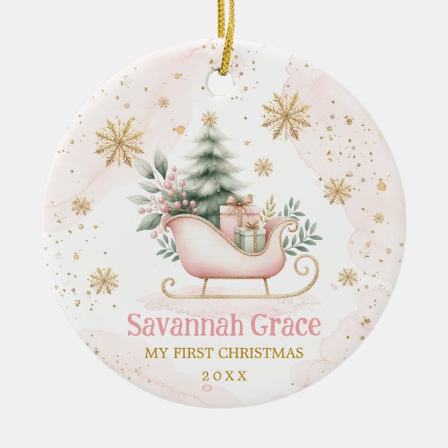 Pink Gold Winter Sleigh Baby Girl 1. Weihnachten Keramik Ornament (Vorne)