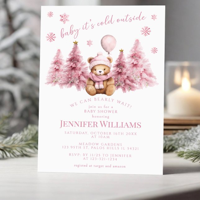 Pink Gold Winter Teddy Bear Pine Baby Girl Dusche Einladung (Von Creator hochgeladen)