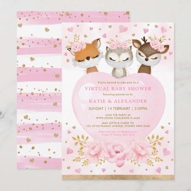 Pink Gold Woodland Sweetheart Virtual Baby Dusche Einladung (Vorne/Hinten)