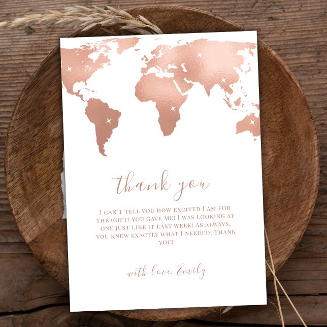 Pink Gold World Map Reiseabenteuerdusche Baby Dankeskarte (Pink Gold World Map Travel Adventure Baby Shower Thank You Card)
