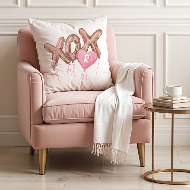 Pink Gold XOX Herzblasen Valentinmonogramm Kissen (Pink Gold XOX Heart Balloons Valentine Monogram Throw Pillow)