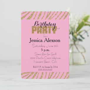 Pink Gold Zebra Print Imitats Glitzer Geburtstag Einladung