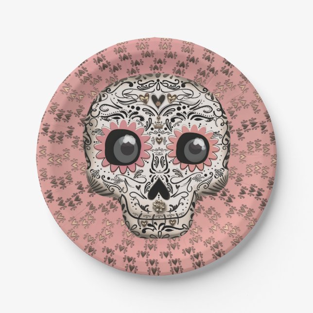 Pink & Gold Zucker Skull Whimsisches Niedliches Pa Pappteller (Vorderseite)