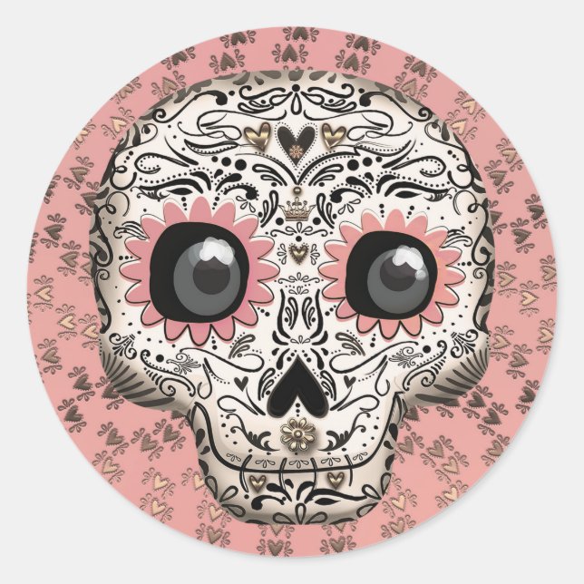 Pink & Gold Zucker Skull Whimsisches Niedliches Pa Runder Aufkleber (Vorderseite)