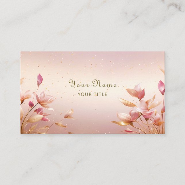 Pink Golden Blätter Floral Business Card Visitenkarte (Vorderseite)