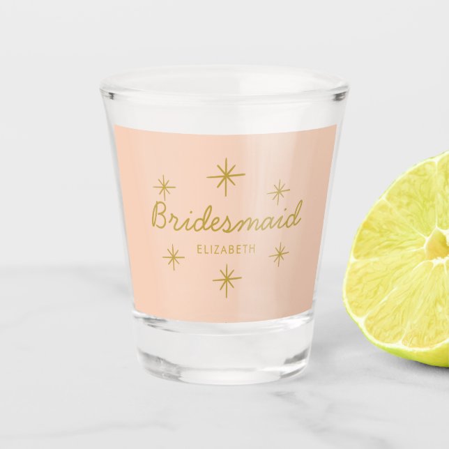 Pink Golden Calligraphy Stars Bridesmaid-Geschenk Schnapsglas (Vorderseite)