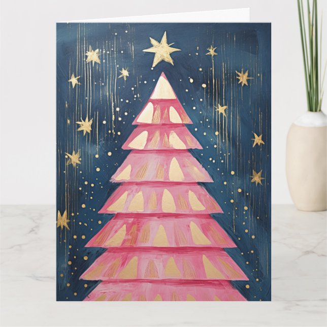Pink Golden Christmas Tree Karte (Vorderseite)