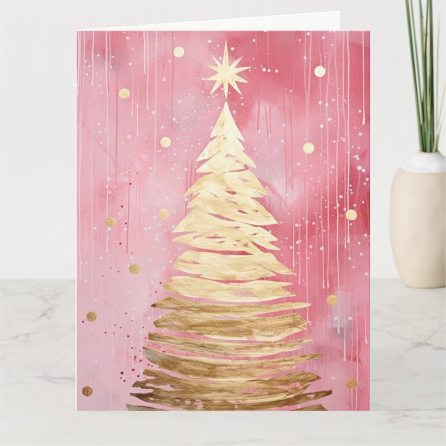 Pink Golden Christmas Tree Karte (Vorderseite)