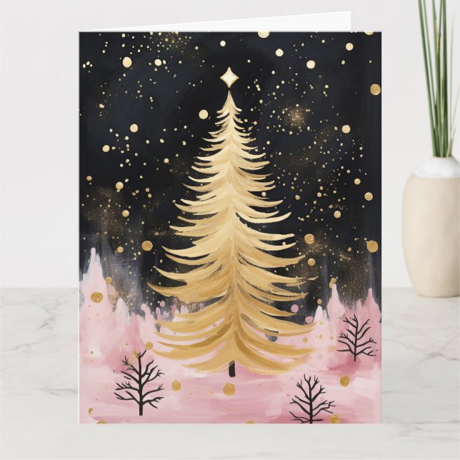 Pink Golden Christmas Tree Karte (Vorderseite)