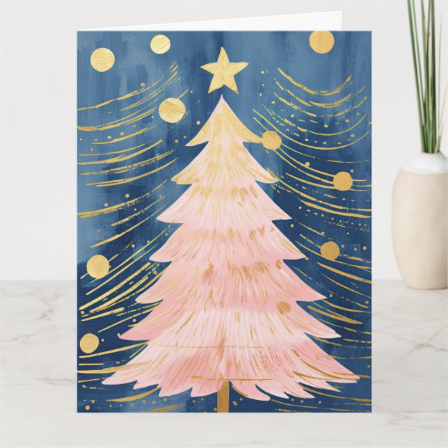 Pink Golden Christmas Tree Karte (Vorderseite)