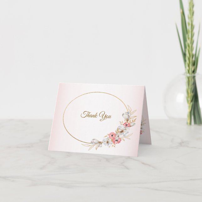 Pink Golden Floral Geometric Peach Wedding Dankeskarte (Vorderseite)