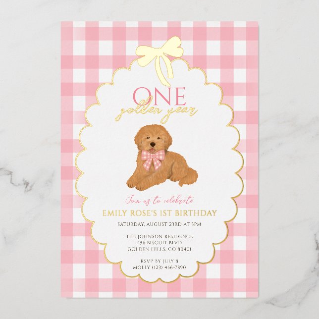 Pink Goldendoodle Puppy Dog Pawty 1st Birthday Folieneinladung (Vorderseite)