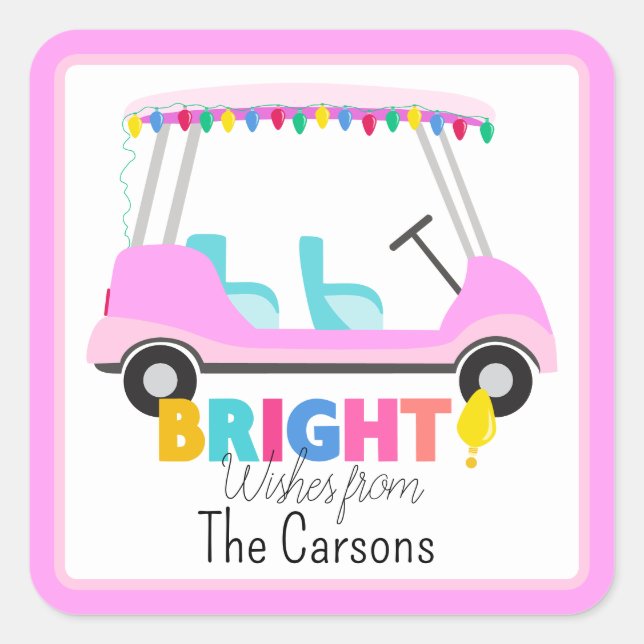 Pink Golf Cart Brillenwünsche mit Urlaubsstipps Quadratischer Aufkleber (Vorderseite)