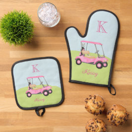 Pink Golf Cart Clubs Monogramm Name Ofenhandschuh & Topflappen-Set