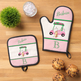Pink Golf Cart Clubs Monogramm Name Ofenhandschuh & Topflappen-Set