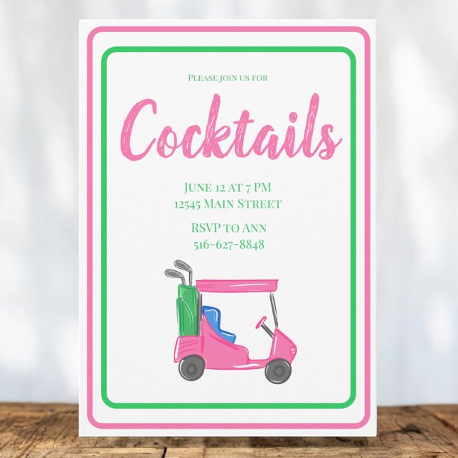 Pink Golf Cart Cocktail Party PInk Green Border Einladung (Von Creator hochgeladen)