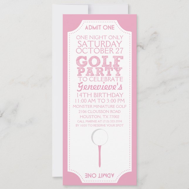 Pink Golf Ticket Golf Geburtstagsparty Einladung (Vorderseite)