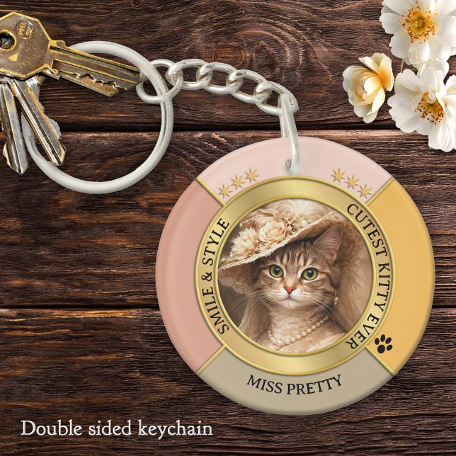 Pink Gorgeous Chic Cat Photo  Schlüsselanhänger (Elegant feminine keychain featuring your custom cat photo framed by pink terra cotta and gold design)