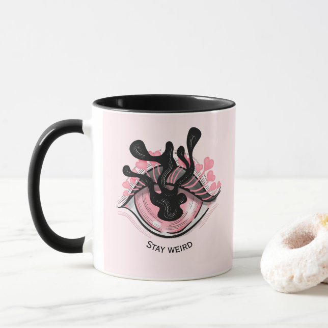 Pink Goth Eye Creepy Horror Wicca Bleibe Weiß Tasse (Mit Donut)