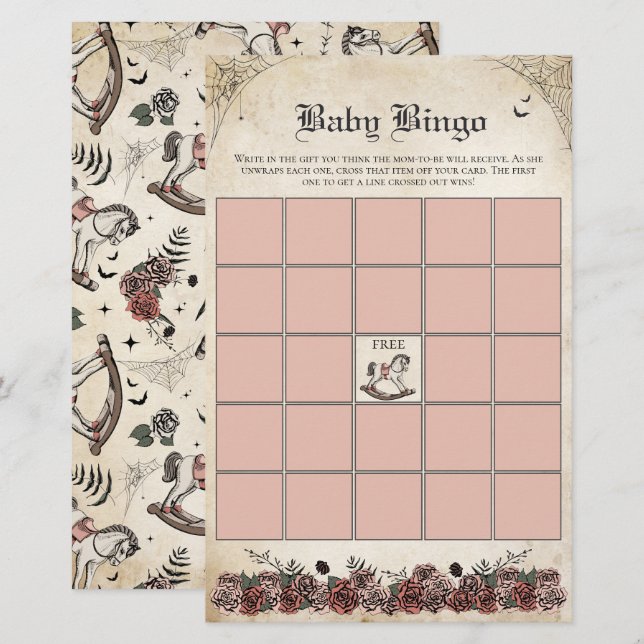 Pink Gothic Baby Shower Rocking Horse Baby Bingo (Vorne/Hinten)