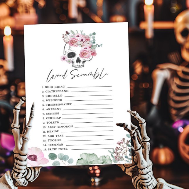 Pink Gothic Blues Skull Word Scramble Game (Floral Skull Baby Shower Word Scramble Game)