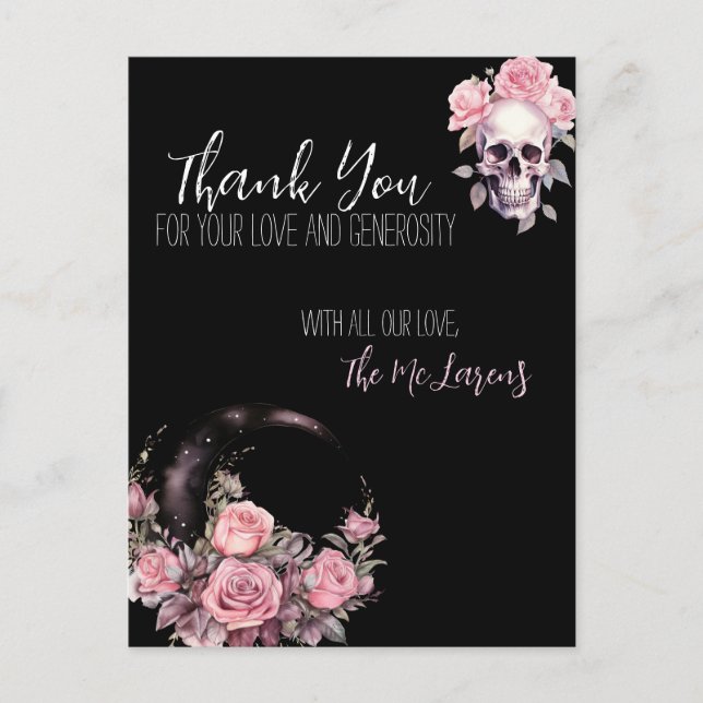 Pink Gothic Floral Wedding Postcard Vielen Dank Postkarte (Vorderseite)