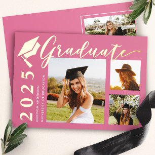 Pink Grad Casquette Photo Foil Faire-part de gradu