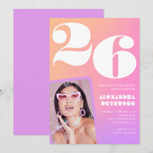Pink Gradient 26. Geburtstagseinladung Retro Foto Einladung