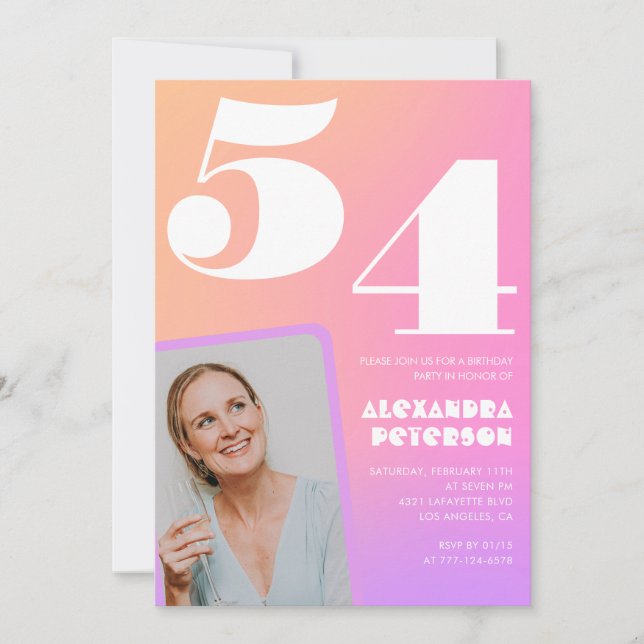 Pink Gradient 54e anniversaire invitation Retro Ph (Devant)