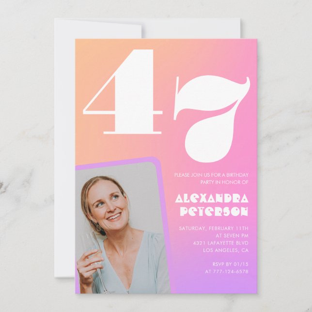 Pink Gradient Retro Foto 47. Geburtstag Einladung (Vorderseite)
